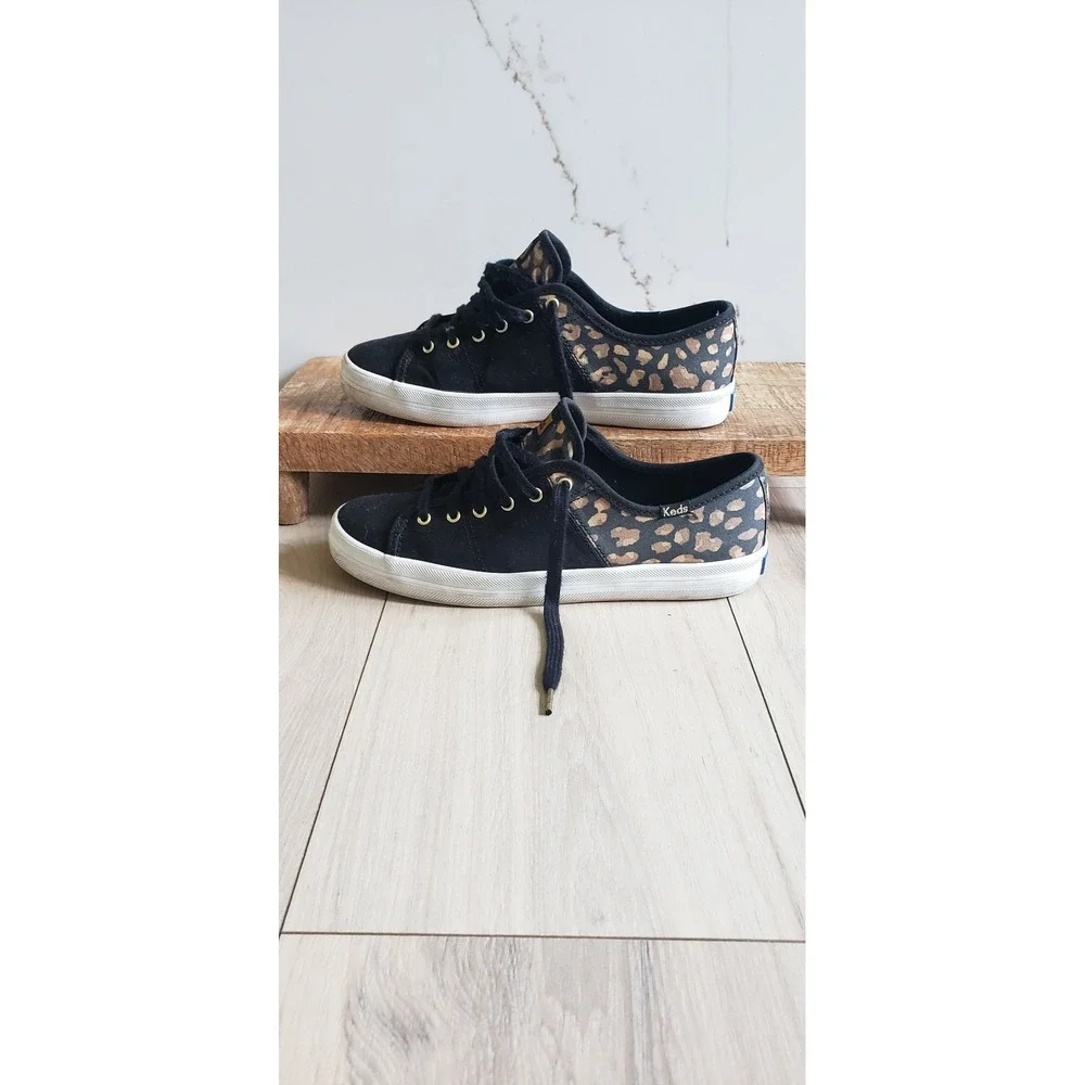 Keds Kickstart Sneakers Womens 7.5 Black Leopard‎ Print Low Top Lace Up Gold